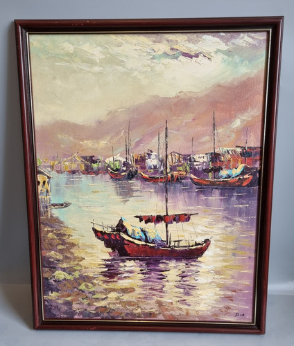 Oil painting harbour boats - harbour,