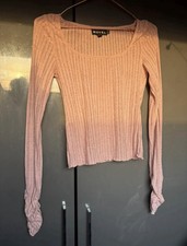 Pink Ribbed Long Sleeve Motel Rocks Top Size 8 with ruched sleeves 