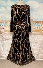Evening Dress 16 18 Black Gold Sequin Fishtail Deco 20's Gatsby Ballgown Stretch