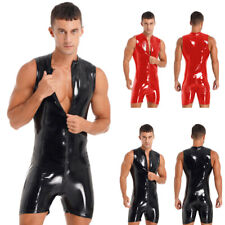 UK Mens Latex Wetlook One Piece Bodysuits Catsuit Patent Leather Zipper Jumpsuit