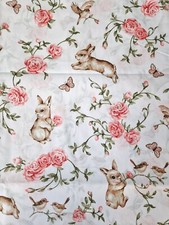 100% Cotton Fabric Easter Rabbit Bunnies butterfly White Pink Width 160 cm (62")
