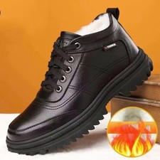 Men Fur Lined Waterproof Slip On Thermal Warm Leather Shoes Winter Snow Boots