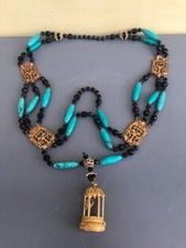 VINTAGE GILT METAL CAGED LOVE BIRDS PERFUME COMPACT ON ORNATE BEADED NECKLACE