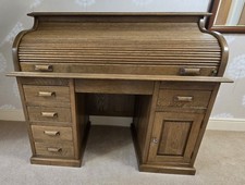 Antique Oak Bureau Writing Desk Roll Top with Key Lock