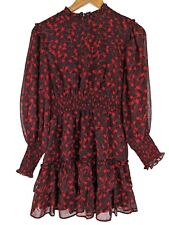 Topshop Tiered Short Dres, Red Star Print,Lined, Long Sleeve, Size 12 Petite