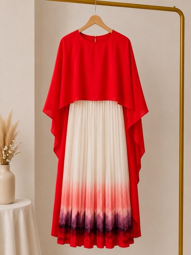 Red ombre pleated cape maxi - red,