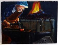 Vintage Oil Painting Blacksmith Farrier Forge Signed J.R.JOHNSON circa 1980