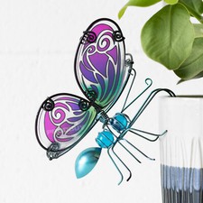 Stained Glass Blue Butterfly Metal Plant Pot Hanger Hanging Garden Ornament Art