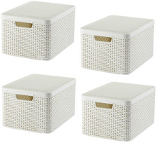 4x 30L Large Storage Box Basket Container Lidded Curver Rattan Plastic White UK