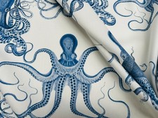 Blue Octopus Fabric Marine Digital Print White Nautical Cushion Decor 140cm Wide