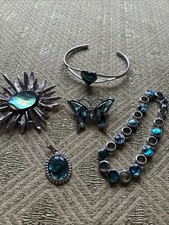 5 vintage silver toned jewellery pieces decorated with Abalone Shell   64.15g