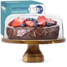 HEFTMAN 10" Acacia Wood Cake Plate Clear Dome Lid Pastry Stand Non-slip Dessert