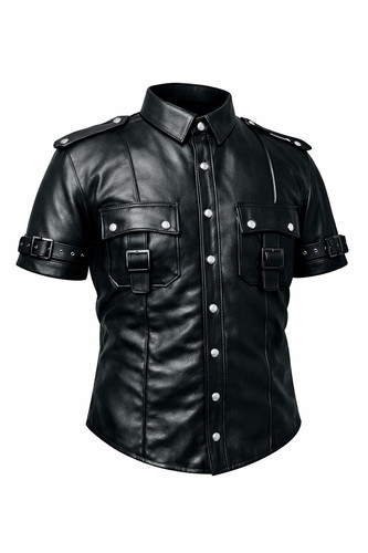 Men black leather shirt - black,
