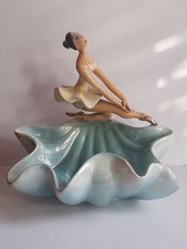 Vintage Ballet Dancer Pottery Figurine on Shell Dish - Made In Italy 1950's