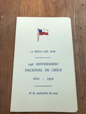  s.s. reina del mar  ! 149 aniversario nacional de chile 1810 -1959 ( menu )