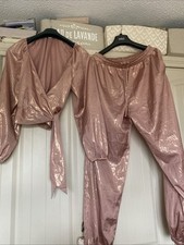 victoria secret metallic foil pink gold XL Cuff Bottom Wrap Top Large 2 piece