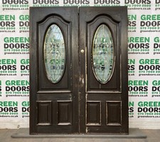 FRENCH DOORS DECORATIVE GLASS LEADED OVAL WOODEN WOOD EXTERNAL EXTERIOR BROWN