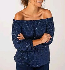 Frank Usher 3/4 Sleeve Sequin Bardot Top,  Navy, Size S/M