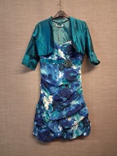 Linea Raffaelli Teal Sequinned Ruched Dress & Bolero Size UK 14 36in Small Fit
