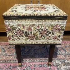 Vintage Needlepoint Knitting Sewing Crafts Box on Wooden legs