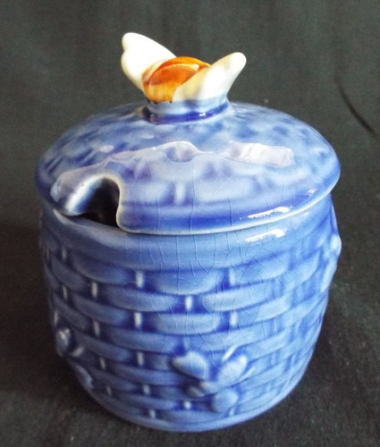 Vintage blue ceramic honey pot - honey,