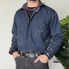 Vintage Cropped Work Wear Jacket Navy L Distressed Paint Splatter Working Zipper