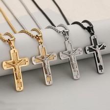 Unisex JESUS Crucifix Cross Pendant Necklace Stainless Steel Christian Necklace