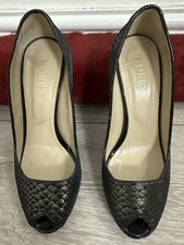 HOBBS Ladies Black & Pewter Snake Print Leather Peep Toe Heel Court Shoes-Size 4