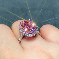 Halo Engagement Ring 4 Ct Oval Cut Pink Sapphire Diamond 14K White Gold Finish