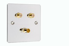 Wall Plate TV 2x Satellite Coax  Easy Fit Type F Connections Polished Chrome 
