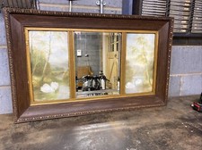 Triple panel bevel edged mirror with J W Gozzard swan and woodland prints