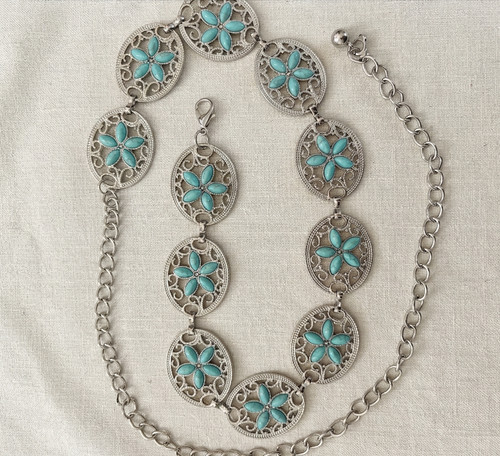 Silver tone turquoise - turquoise, flower