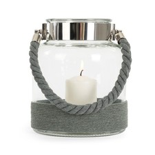 LIVIVO Hurricane Glass Lantern Light Grey with Rope Handle and Chrome Detail