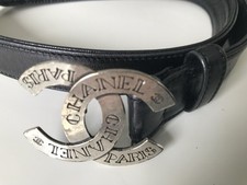 Chanel Vintage Black Leather Belt With Antique Silver Coloured CC Logo Size 70