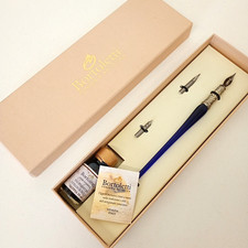 Bortoletti Pisani Calligraphy Pen Kit Blue Murano Glass White Bronze + 3 Nibs