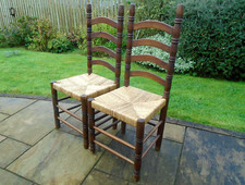 Pair of Vintage Stained Pine Rush Seat Ladder Back Kitchen Dining Chairs Bedroom