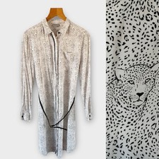 Oliver Bonas Dress Size 10 White Black Shirt Leopard Big Cat Print Mini Pockets