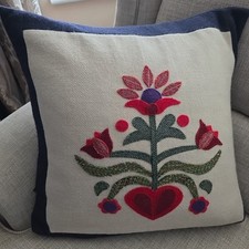 Vtg applique scandinavian Floral Woven Tweed Wool Patchwork Cushion Cover Blue