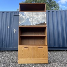 Mid Century Teak Veneer Tall Wall Display Unit With Glass Doors & Cupboard 