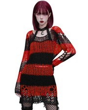 Punk Rave Shredded Grunge Distressed Knit Sweater Top Gothic Black Red Stripe