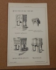Antique Architects Print,Leicestershire Church Fonts Baptism .The Bulder 1885