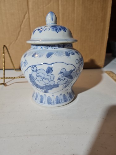 Blue and white lidded - and,