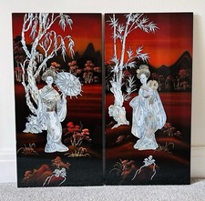 Oriental Geisha Girls Lacquered Wall Art Panels Mother of Pearl Each 60 x 30cm
