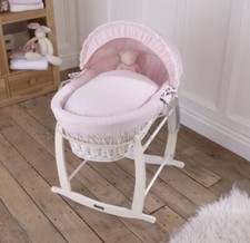 Clair de Lune Waffle White Wicker Moses Basket With Stand And Pink Sheets