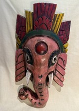Hand-carved Wooden Ganesha Mask Wall Hanging, Pink, Red, Yellow, Green