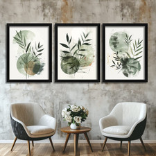 Set of 3 Botanical Prints Modern Nature Wall Art Olive Green Foliage Artwork 