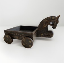 Vintage Wooden Folk Art Horse Carving With Tray / Box Cart + Wheels - Rajasthan