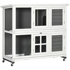 PawHut Wooden Rabbit Hutch, Two-Tier Guinea Pig Cage with Removable Tray, Wheels