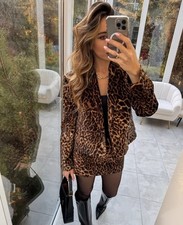 ZARA LEOPARD ANIMAL PRINT VELVET OVERSIZED CROP BLAZER &MINI SKIRT CO ORD SIZE M