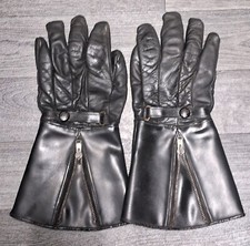 Vintage Motorcycle Gloves Gauntlets Black Leather Vinly Zip Wool Made In England